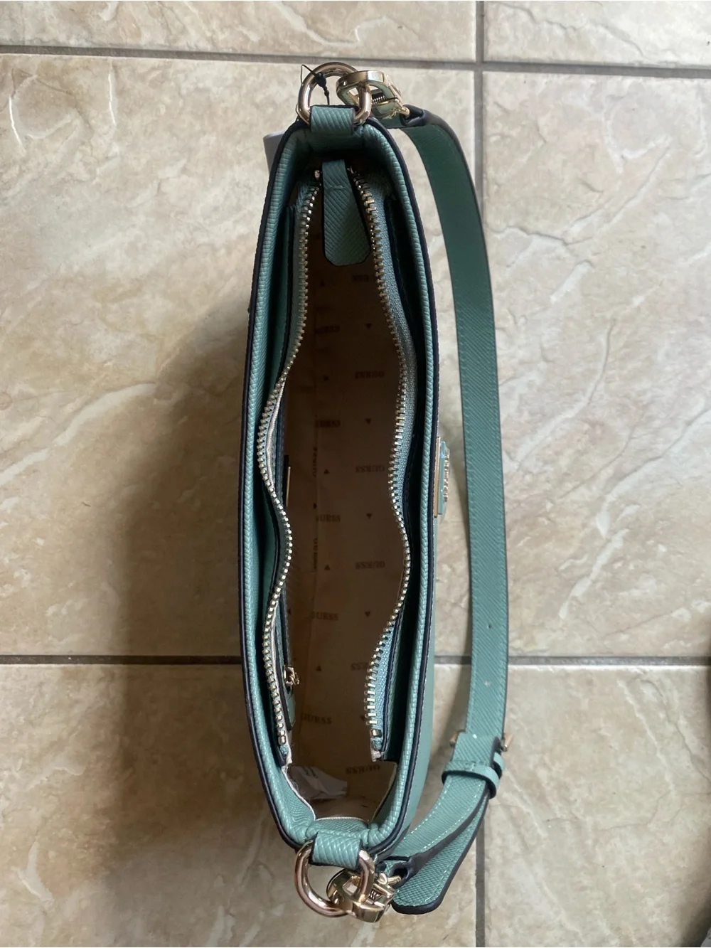 GUESS Sage Green Crescent Shoulder Bag with Silver Logo Beautiful color